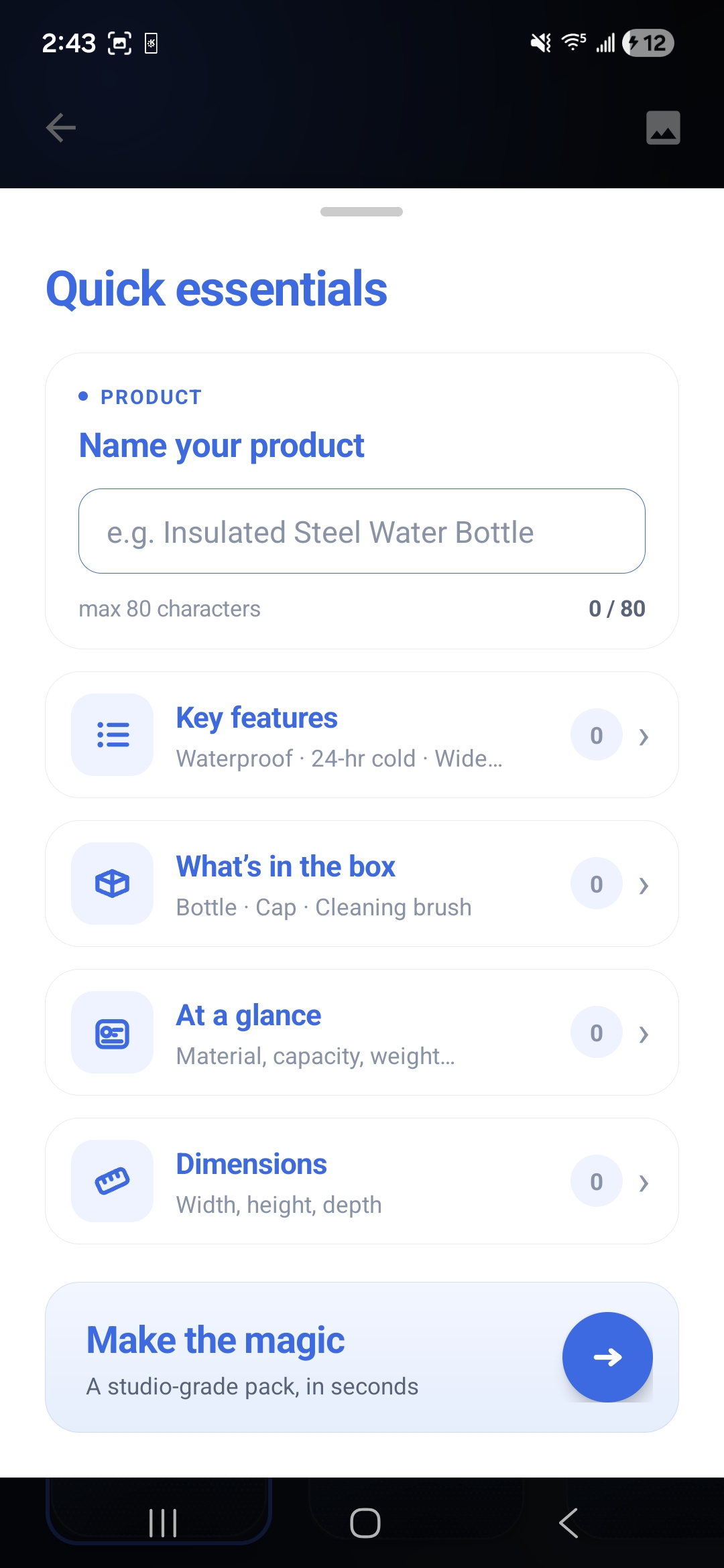 Seller Studio product info form on Android