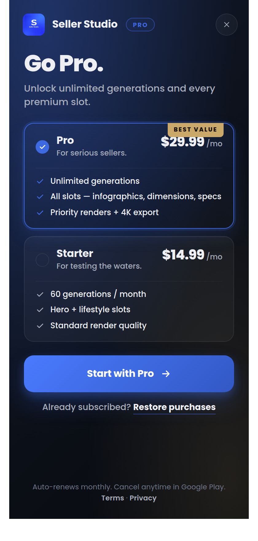 Seller Studio plans screen inside the Android app