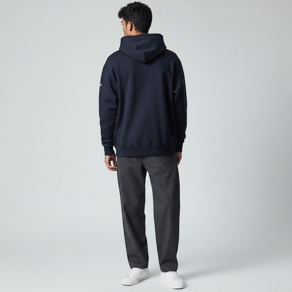 Virtual model wearing the garment, back pose
