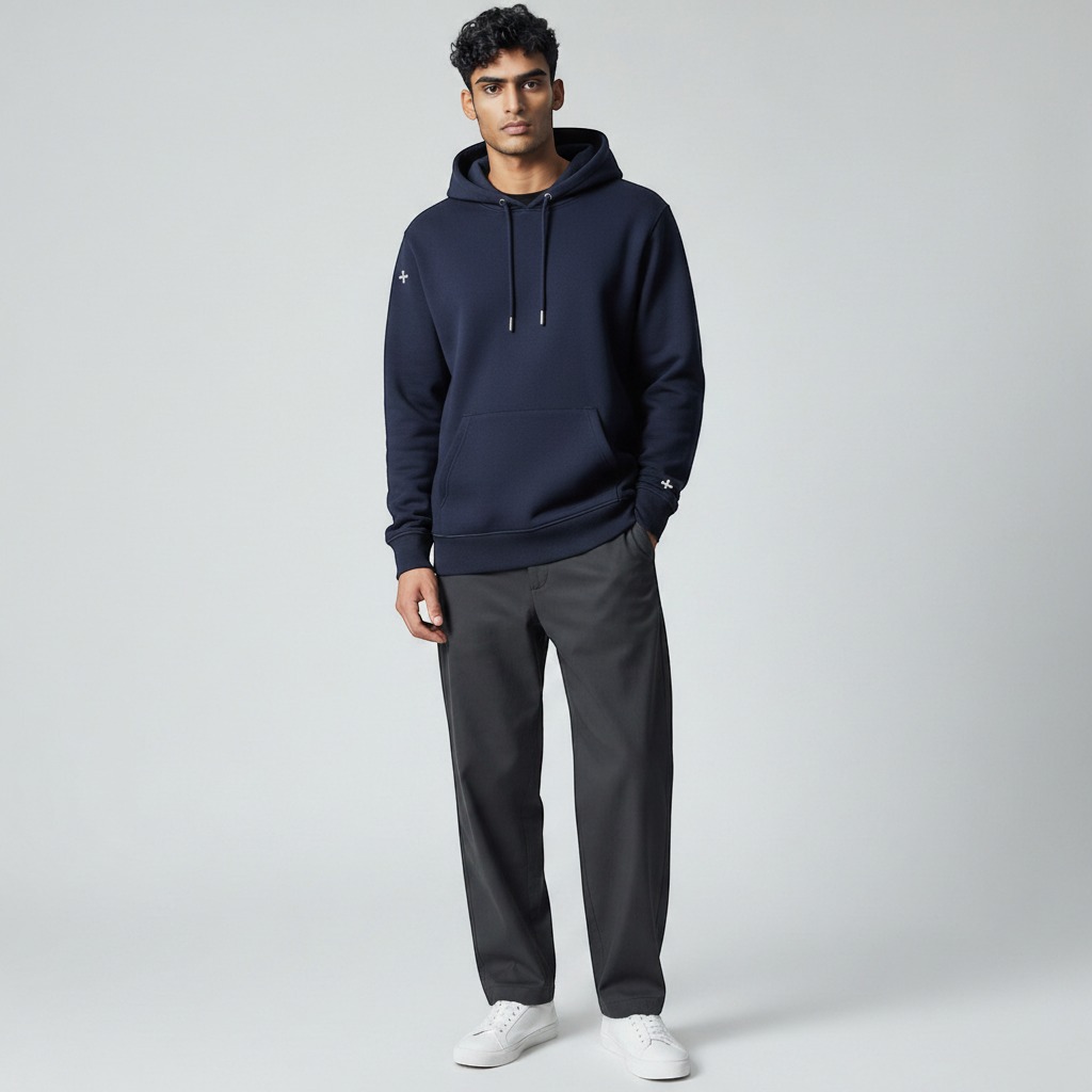Virtual model wearing the garment, clean studio front pose