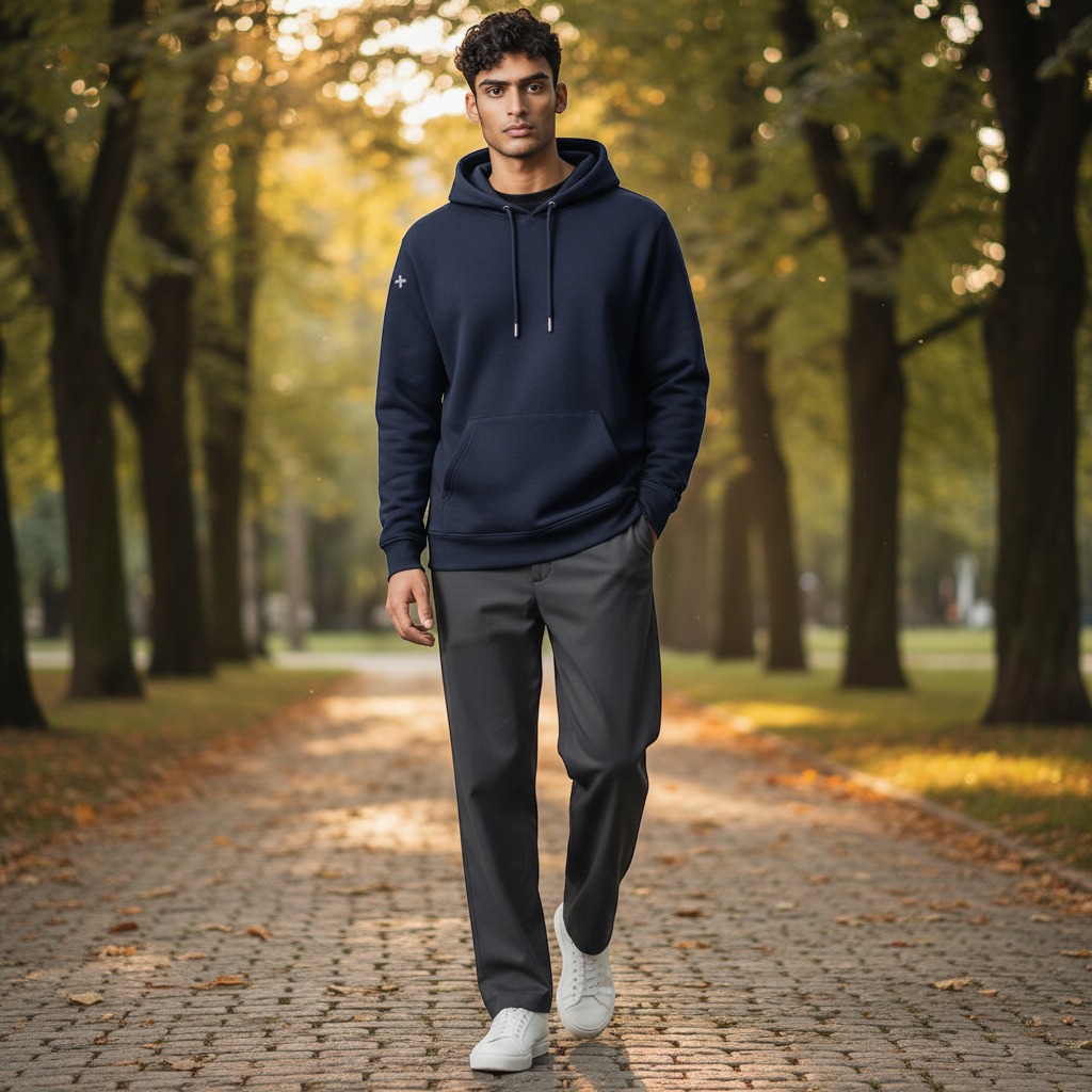Virtual model wearing the garment in an outdoor scene