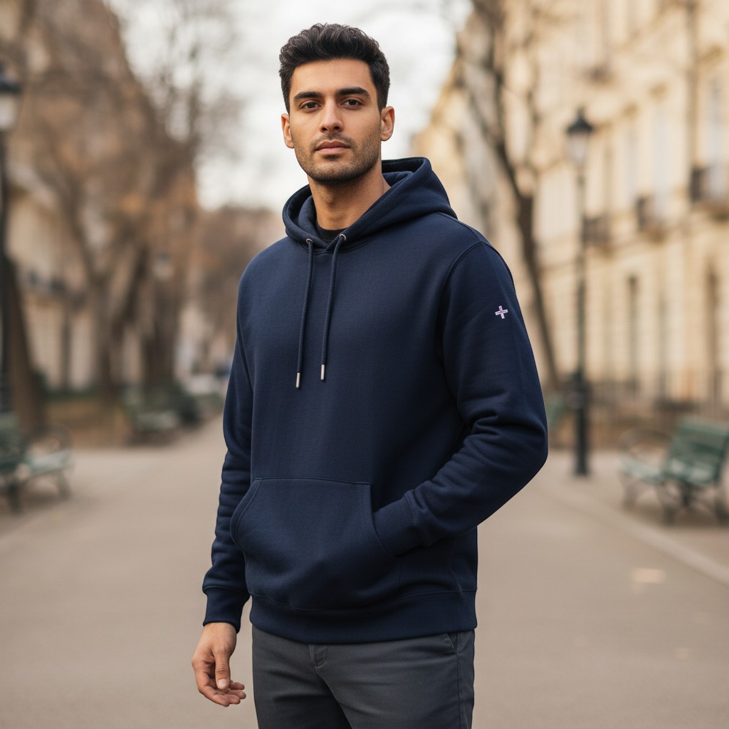 Virtual model wearing the garment in a lifestyle street scene