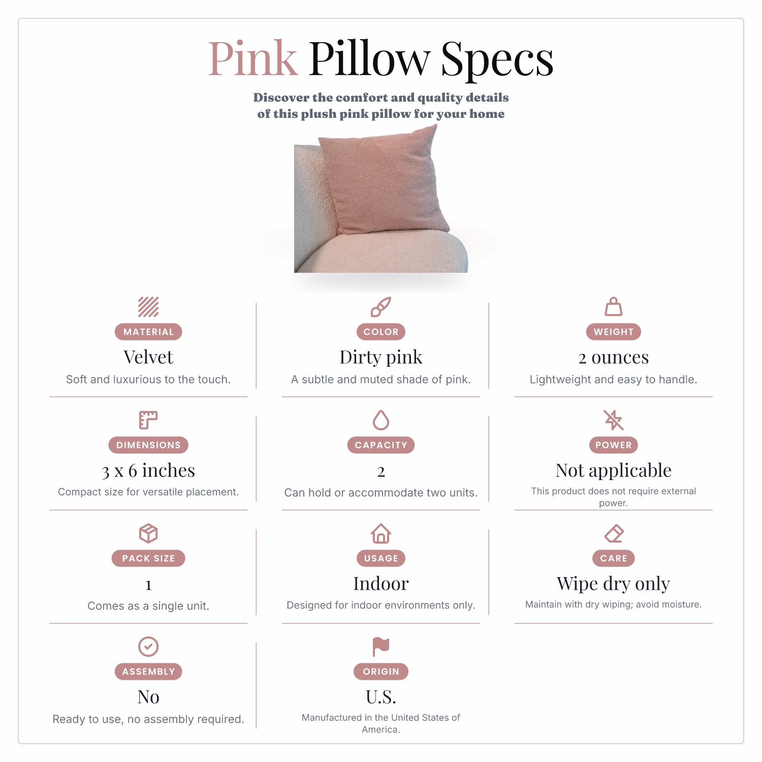 At-a-glance specs panel for a pillow