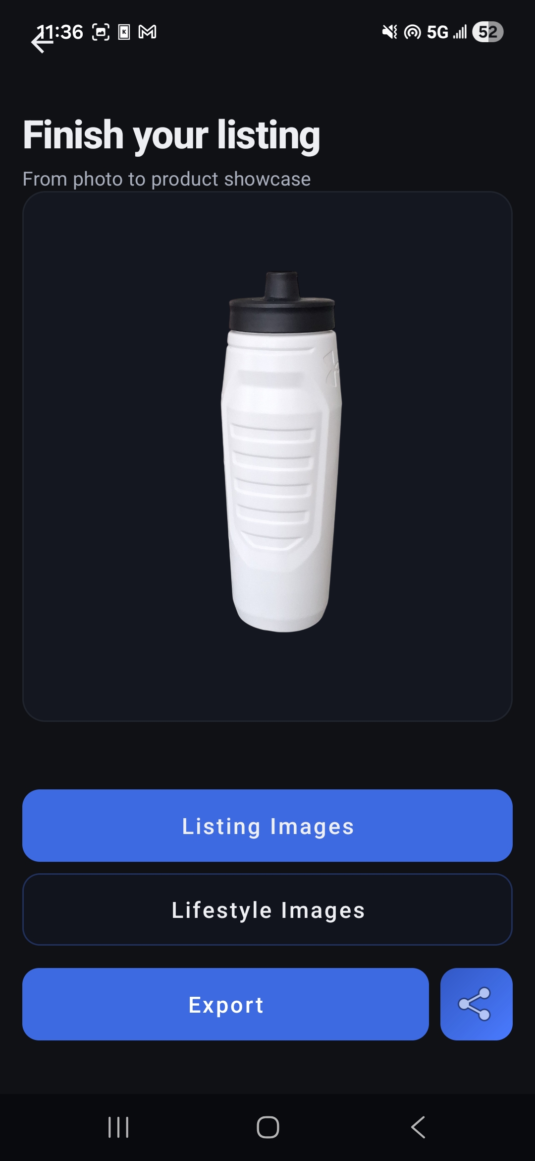 Seller Studio app showing a background-removed water bottle with Listing Images and Lifestyle Images generation options
