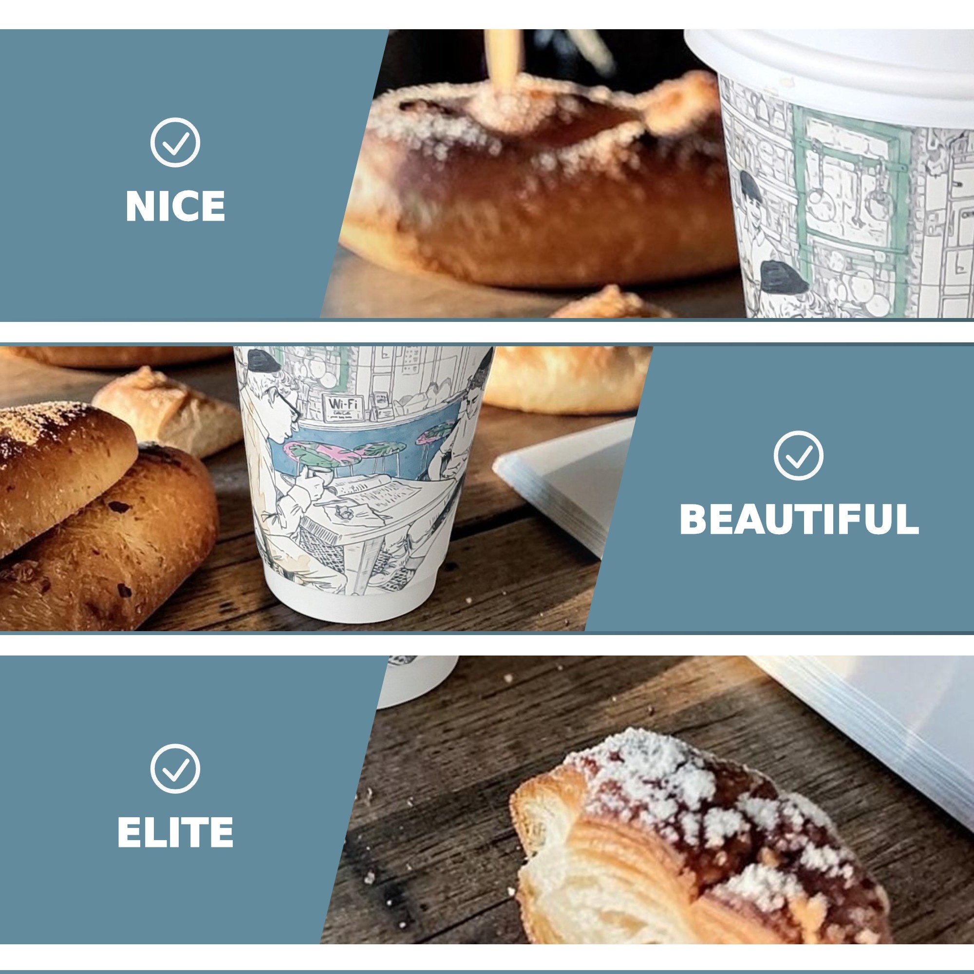 Coffee cup three-strip lifestyle infographic with feature text and zoom crops — generated by Seller Studio