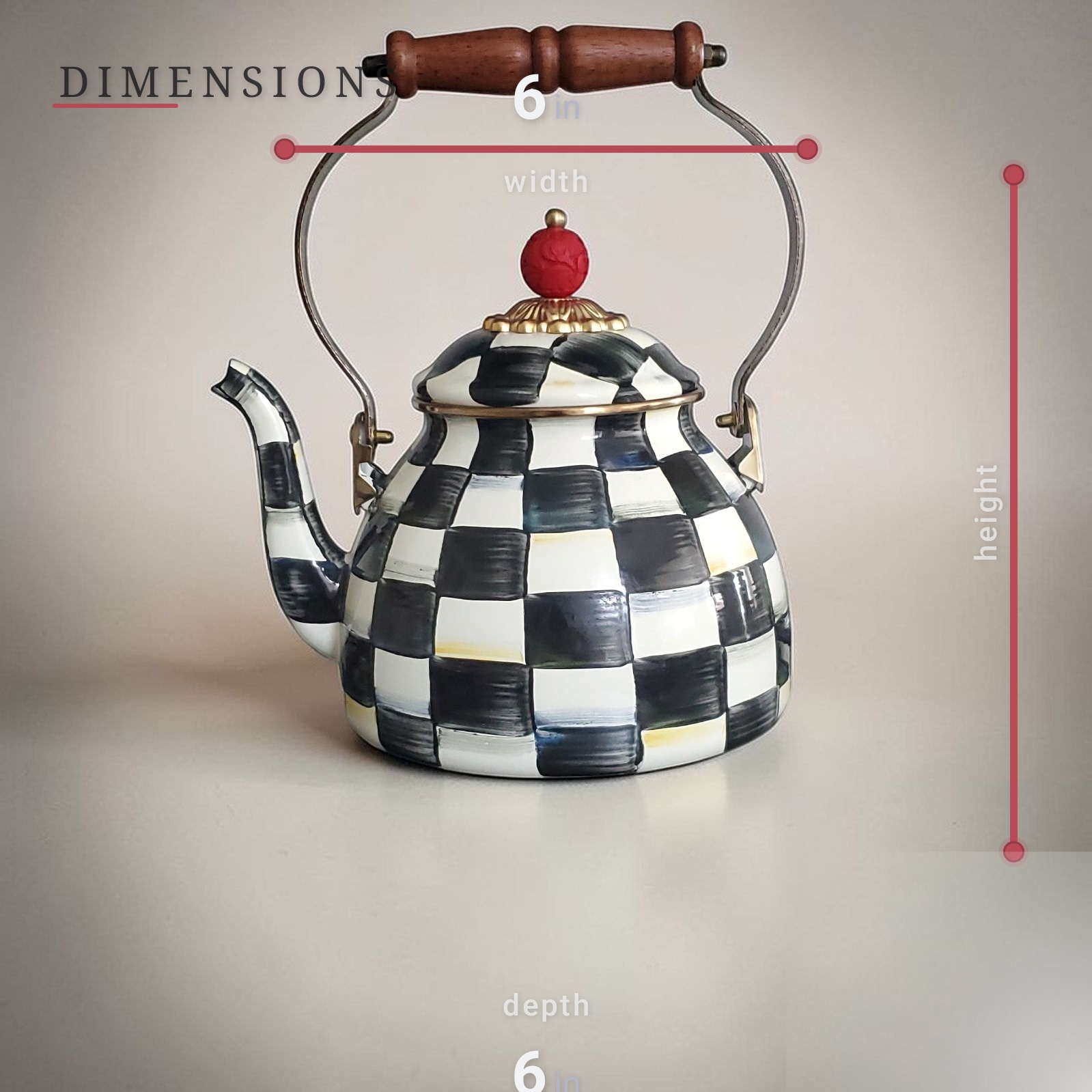 Listing Pack Image 3 — Tea kettle with dimension callout arrows showing width, height, and depth