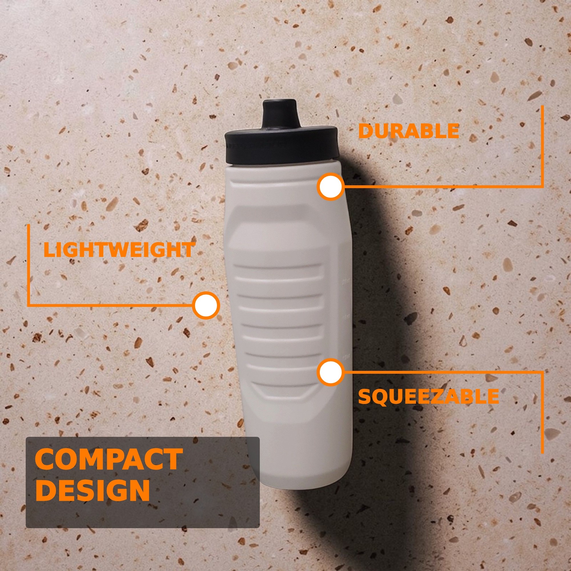 Water bottle callout diagram on marble surface with numbered feature labels — generated by Seller Studio